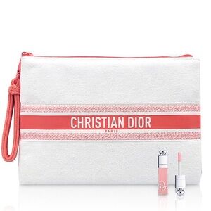 New in Box! Christian Dior Terry Cloth Clutch Bag Wristlet White & Coral